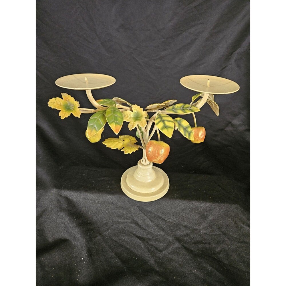Vintage 9.5" Tall Metal Toleware ~ Candelabra Centerpiece W/ Apples Grapes Pear